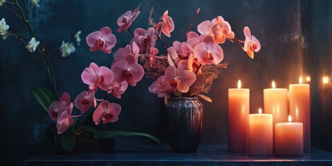 Poster - Serene arrangement of pink orchids beside lit candles in soft lighting with ample space for personalized text or messages