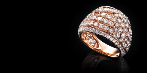 Poster - Elegant rose gold diamond ring on black background with ample space for text or branding messages