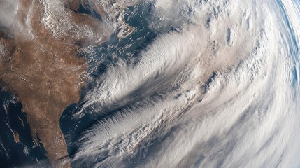 Poster - Satellite view of Earth highlighting clouds and landmass with ample space for text showcasing a high angle perspective of our planet.