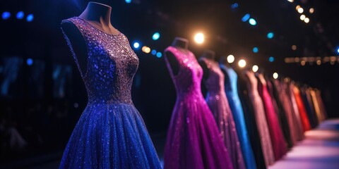 Poster - Elegant evening gowns showcased in a glamorous runway setting with ample space for promotional text and branding opportunities.