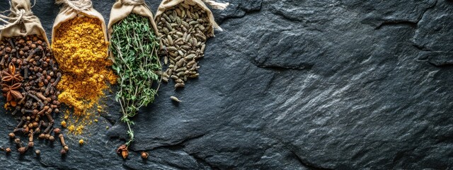 Poster - Dried herbs and spices in burlap bags on black stone surface with ample copy space for culinary text or recipe ideas