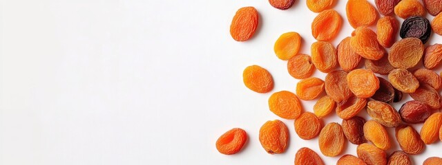 Leinwandbilder - Dried apricots scattered on a clean white background with ample empty space for text or design elements. Perfect for food marketing materials.