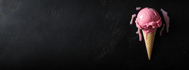 Aufkleber - Melting pink ice cream dripping from a cone on black background with empty space for text or branding purposes