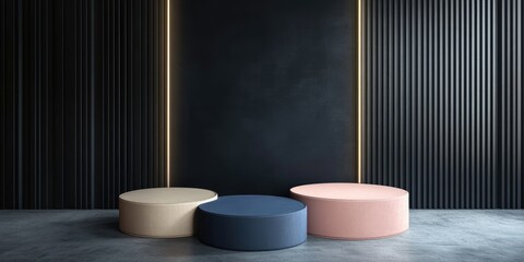 Fototapete - Elegant dark studio backdrop featuring circular podiums in neutral tones, designed for showcasing products or text with ample copy space.