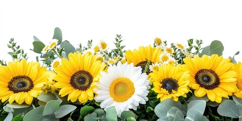 Poster - Vibrant floral composition featuring sunflowers and daisies on a white backdrop perfect for text placement and design projects.