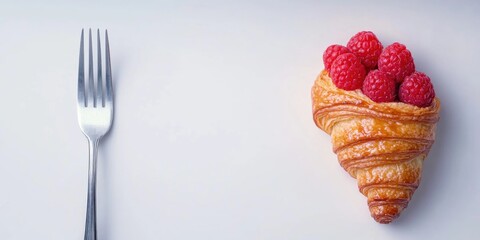 Poster - Fresh raspberry croissant on a plain background with a fork providing ample copy space for food-related text or promotions