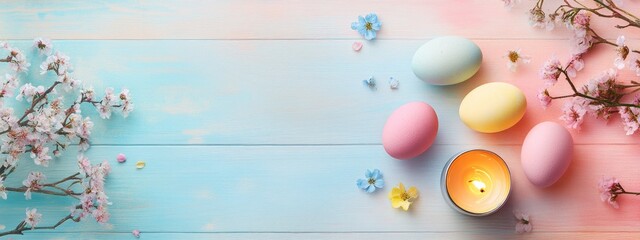 Poster - Easter flat lay featuring pastel dyed eggs, tealight holder and spring flowers on a soft gradient background with space for text.