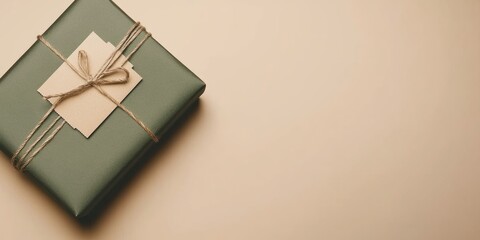 Aufkleber - Elegant gift box wrapped in green with blank tag and twine on neutral background for customizable text or branding purposes