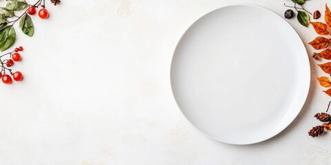 Poster - Elegant Dining Plate Surrounded by Seasonal Ingredients with Copy Space for Text in a Gourmet Presentation