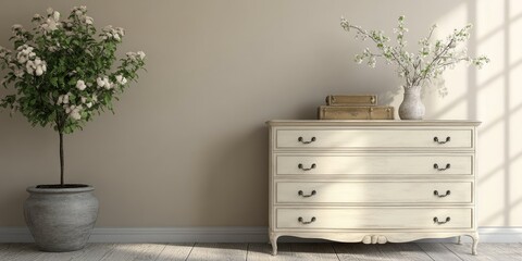 Aufkleber - Elegant French Dressers in A Stylish Interior Setting with Blooming Plant and Decorative Accents Featuring Empty Space for Text