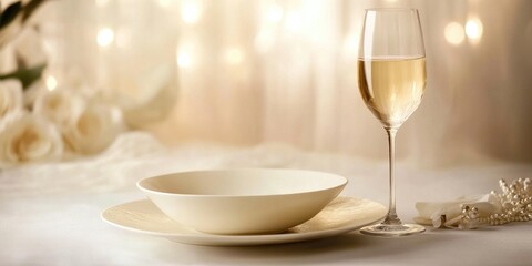 Poster - Sophisticated dining setting with elegant dishes and champagne toast amidst softly lit backdrop ideal for celebrations and promotions.