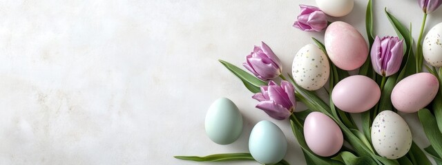 Poster - Easter eggs in pastel colors with purple tulips on a light background creating a serene setting with space for text or messaging