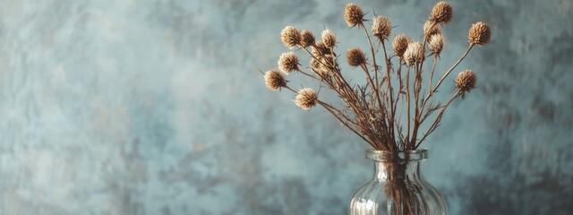 Fototapete - Dried thistle flowers in a vintage glass vase against a textured background with ample space for text placement