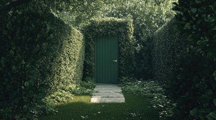 Poster - Lush overgrown garden with untrimmed lawn and concrete pathway leading to a green door framed by trimmed hedges and greenery.