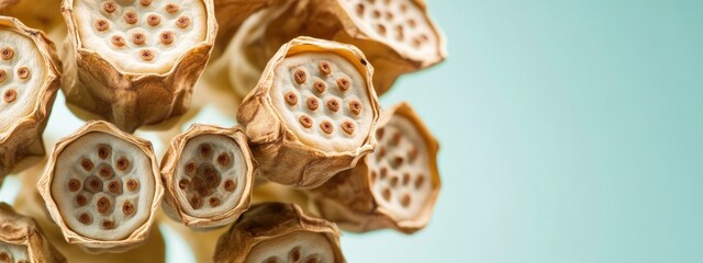 Poster - Dried lotus seeds displayed against a soft green background with ample copy space for text and design elements