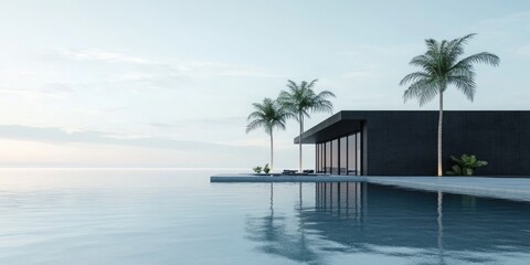 Aufkleber - Contemporary luxury house by tranquil lagoon with palm trees and ocean view offering serene atmosphere and ample space for text placement