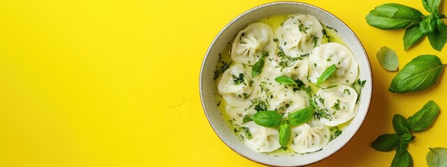 Aufkleber - Dumpling Bowl with Fresh Herbs on Bright Yellow Background Ideal for Food Advertisements and Recipe Promotions