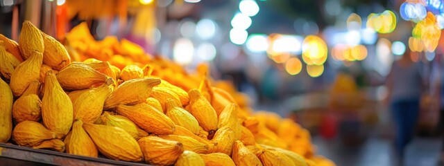 Leinwandbilder - Dried pawpaw fruit displayed at night market with colorful lights and empty space for text in the background
