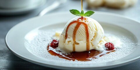 Poster - Elegant dessert presentation featuring vanilla ice cream drizzled with syrup and garnished with mint and raspberries on a stylish plate