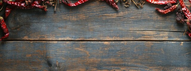 Aufkleber - Dried chili peppers arranged on a rustic wooden surface with natural lighting and ample empty space for text or branding