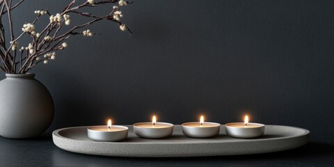 Aufkleber - Elegant Arrangement of Four Tapered Candles on Dark Surface with Decorative Vase and Copy Space for Text or Promotions