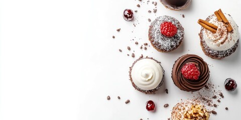 Fototapete - Assorted gourmet desserts on a white background with empty space for text showcasing luxurious treats and vibrant toppings.