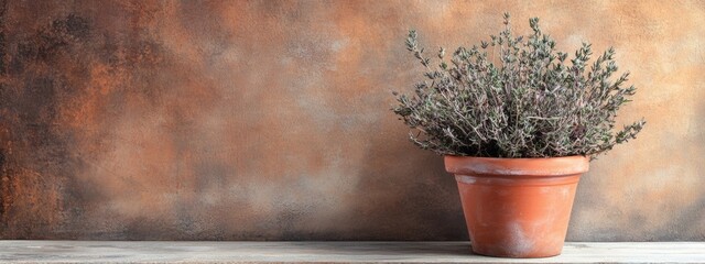 Leinwandbilder - Dried Rosemary Plant in Terracotta Pot on Rustic Surface with Empty Space for Text Display