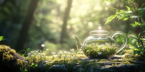 Aufkleber - Elegant Glass Teapot Amidst Lush Nature with Soft Light and Space for Text Overlay