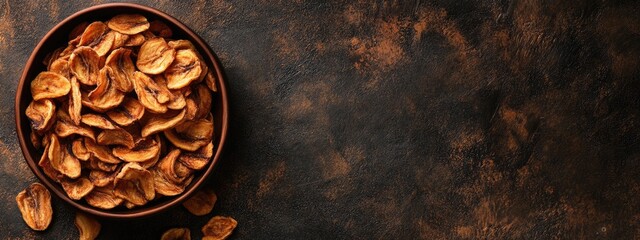 Leinwandbilder - Dried Banana Chips in Wooden Bowl on Dark Rustic Background with Empty Space for Text and Decoration