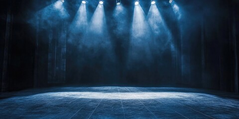 Aufkleber - Elegant empty stage illuminated by dramatic spotlights with a smoky atmosphere ideal for ballet performances or creative showcases.