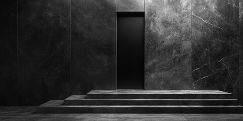 Aufkleber - Steps to a Stone Door in Dimly Lit Chamber with Dark Textured Walls and Empty Space for Custom Text Overlay