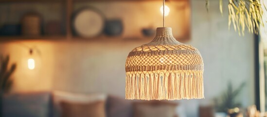 Fototapete - Boho pendant lamp with intricate weaving and ribbon details perfect for enhancing interior decor featuring empty copyspace for text