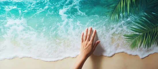 Aufkleber - Tropical beach scene mockup with hand interaction clear space for design ideas and text close up modern decor concept