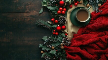 Aufkleber - Cozy Christmas Flat Lay with Red Green Decorations and Coffee Cup Overhead View for Holiday Greeting Text Blank Space Background