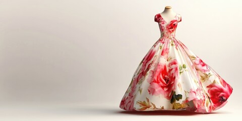 Fototapete - Elegant Floral Dress Displayed on Mannequin with Empty Space for Personalized Text in Luxury Fashion Environment