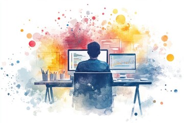 Poster - A person sits at a desk, focused on dual monitors, surrounded by colorful splashes, representing creativity and productivity in a digital workspace.