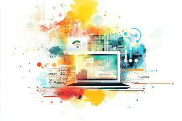 Poster - A colorful digital illustration of a laptop surrounded by abstract data visualizations and technology elements, symbolizing innovation and connectivity.