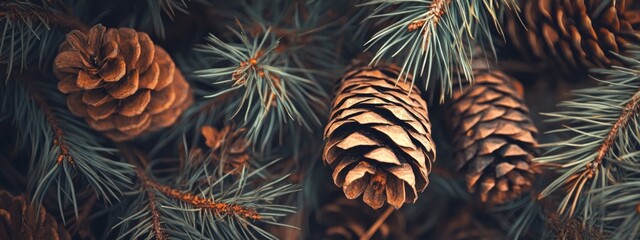 Poster - Dried Pine Needles and Pine Cones Texture on Forest Floor with Blank Space for Text Overlay