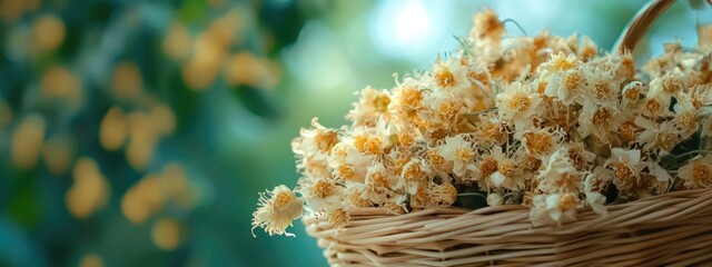 Poster - Dried linden flowers in a woven basket ready for herbal tea with natural bokeh background and ample empty space for text placement