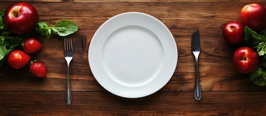 Poster - Healthy Eating Concept with Fresh Fruits and Empty Plate on Wooden Table for Meal Planning and Weight Loss Dieting Ideas