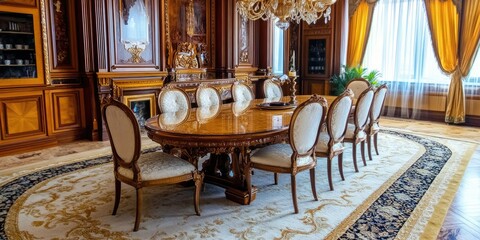 Poster - Luxurious dining room with opulent furnishings and generous empty space for text or branding purposes