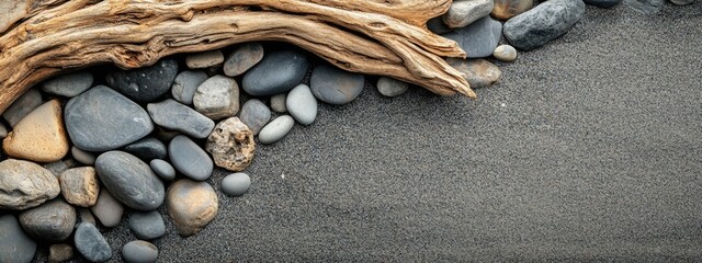 Poster - Driftwood and smooth stones on a sandy beach creating a tranquil coastal background with ample space for text or branding.