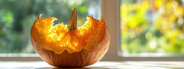 Aufkleber - Dried decorative pumpkin on table with blurred window background and empty space for seasonal text or greeting messages