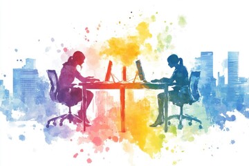 Poster - Two women working at computers, surrounded by colorful watercolor splashes, symbolizing creativity and collaboration in a modern office setting.