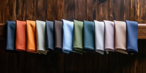 Poster - Elegant collection of neatly folded napkins arranged on wooden surface showcasing variety of colors for fine dining table settings