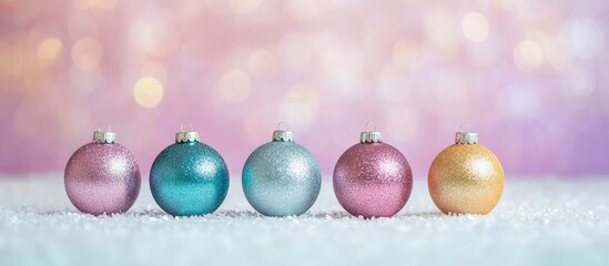 Poster - Colorful Christmas ornaments on a sparkling background with bokeh lights creating a festive atmosphere and space for holiday text or message