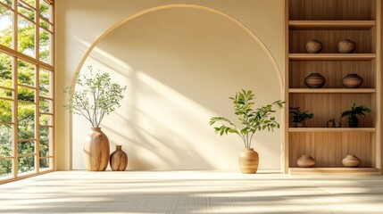 Poster - Minimalist modern Japanese interior design with open archway, wooden shelves, vases, and greenery emphasizing natural light and serenity