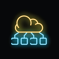Poster - Neon yellow cloud computing connecting to blue servers icon on black background