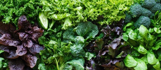 Poster - Fresh green salad with diverse vegetables and greens on a wooden surface ideal for promoting healthy eating with space for text