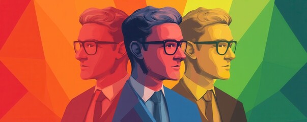 Poster - A vibrant, stylized illustration of a man with glasses, depicted in three profiles against a colorful geometric background.